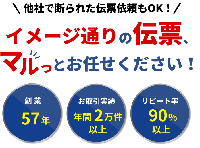 他社で断られた伝票依頼もOK！イメージ通りの伝票、マルっとお任せください！ 創業57年、お取引実績年間2万件以上、リピート率90%以上
